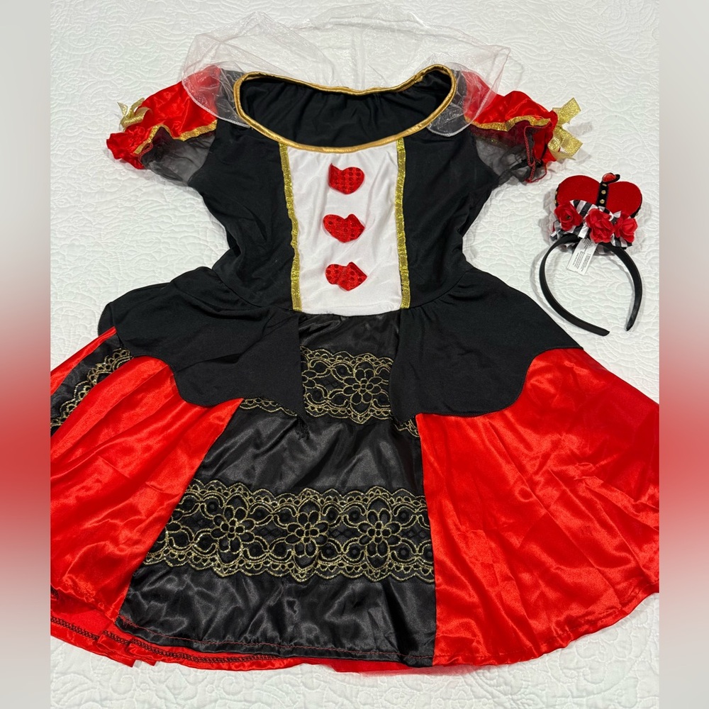 Women's Red & Black Queen of Hearts Costume Dress with Headband